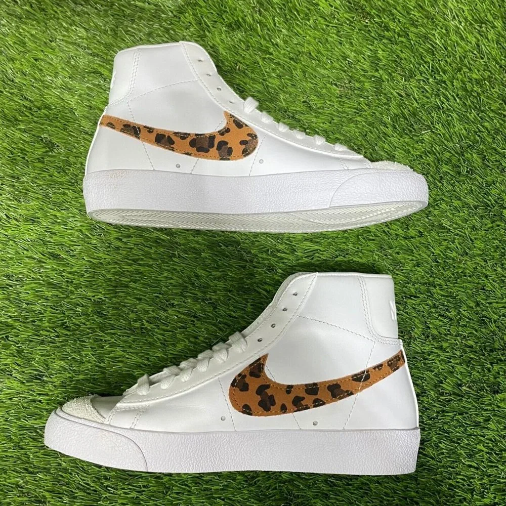 Nike Women’s White High-Top Sneakers with Leopard-Print Swoosh